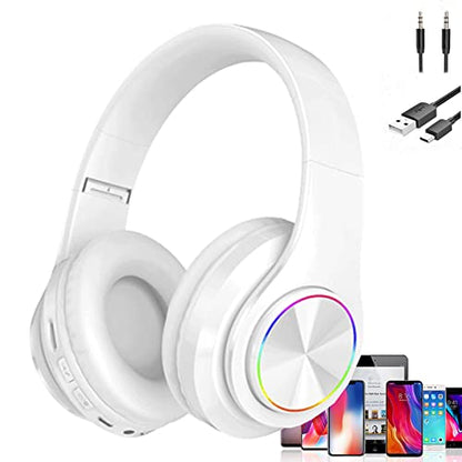 Over Ear Kids Bluetooth Headphones, Colorful LED Lights Headphones with Built-in Mic, Wired & Wireless Lightweight Foldable HiFi Stereo Headset for Gift, Tablet, Adult, Game(White) | Colorful LED Bluetooth Over-Ear Headphones White, HiFi Stereo with Mic,