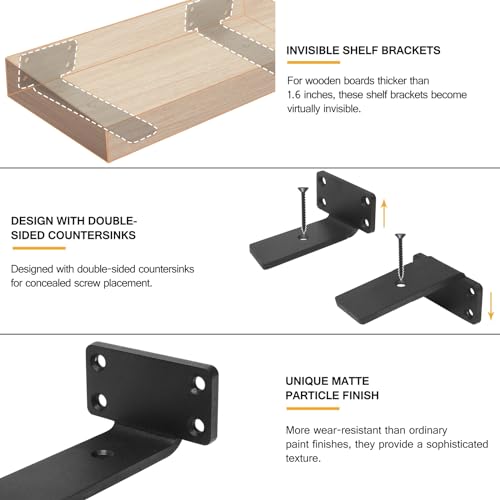 HITOMEN Heavy Duty Floating Shelf Brackets, 4-Inch (1/5'' Thick) Hidden Shelves Hardware, Iron L Brackets, Rustic Industrial Black Metal Wall Shelving Supports, 4 Pack - size: 4 Inch, style: 4 Pack