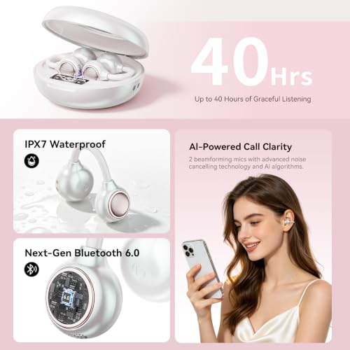 Open Ear Clip On Earbuds Wireless Headphones with Mirror(White) - color: White