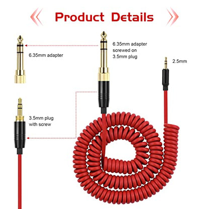 Saipomor NC700 AUX Cord 2.5mm to 3.5mm&6.35mm Coiled Audio Cable Compatible with Bose QuietComfort 25 QC35 QC35II QC45 On-Ear2 OE2 OE2i Soundlink SoundlinkII SoundTrue Headphones(6~16ft/Red)
