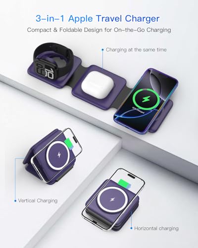 Iseyyox Charging Station for Mag Safe Apple - 3 in 1 Magnetic Foldable Wireless Charger Pad - Travel Charging Mat for iPhone 17 16 15 14 13 12 Pro Max Plus Watch & Airpods - color: Deep-purple