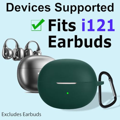 Silicone Protective Case for i121 Earbuds, Compatible with King Lucky Clip-On Open Ear Headphones, Full Cover Shockproof Anti-Scratch Case with Keychain Carabiner, Charging Port Access - color: Green