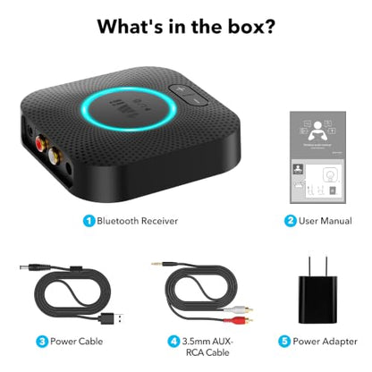 1Mii B06S Bluetooth 5.3 Receiver, Hi-Fi Wireless Audio Adapter | for Home Music Streaming System with aptX HD, aptX Low Latency, Volume Control, and RCA/3.5mm AUX Outputs