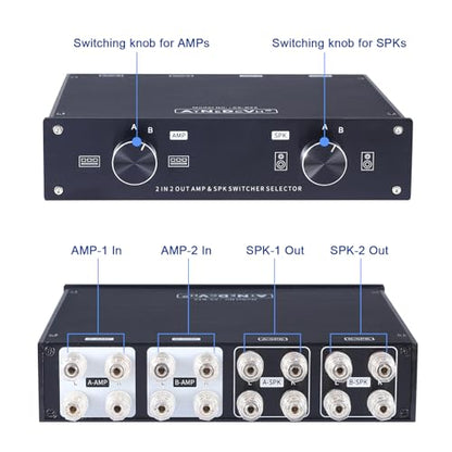 2 Zone Amplifier Speaker Lossless Switcher Selector, 2 in 2 Out Amps Speakers Switch Control Box Splitter, 2 Way Stereo Audio A B Switches