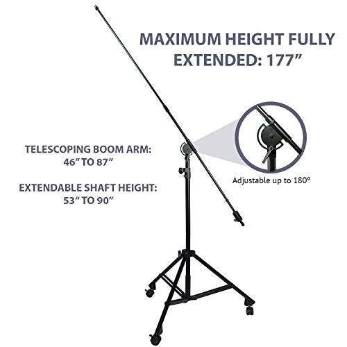 LyxPro Professional Microphone Stand Heavy Duty 90” Studio Overhead Boom Stand with Rolling Caster Wheels, 87” Extra Long Telescoping Arm Mount, Foldable Tripod Legs & Adjustable Counterweight - size: Mobile with Caster Wheels