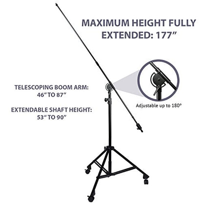 LyxPro Professional Microphone Stand Heavy Duty 90” Studio Overhead Boom Stand with Rolling Caster Wheels, 87” Extra Long Telescoping Arm Mount, Foldable Tripod Legs & Adjustable Counterweight - size: Mobile with Caster Wheels