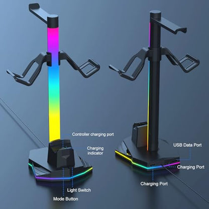 GOWENIC RGB Gaming Headphone and Controller Stand with 3 in 1 Charging Dock, Dual USB Ports, USB C for, 4 Lighting Modes, Headset Holder for, Game Controller