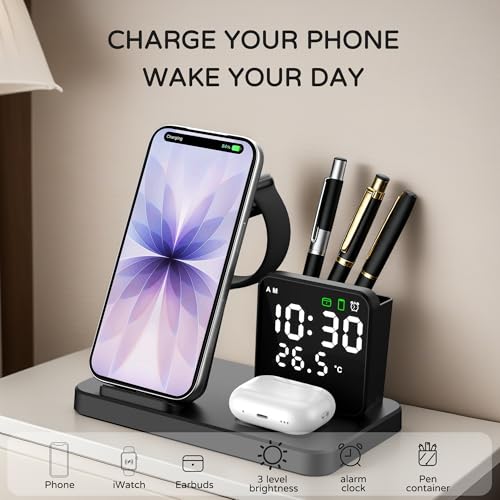 5 in 1 Wireless Charging Station with Alarm Clock Pen Holder, Fast Wireless Charger for iPhone 17/16/15/14/13/12/Pro/Max/Air, for iWatch & AirPods, Charger Stand with Temperature, Snooze Model White - color: WHITE