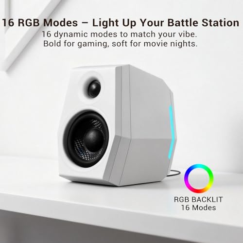 Sanyun SW209 36W 2.0 Gaming Speakers, Tactical Audio Map with 3 DSP Modes | Game/Movie/Music, 24bit DAC, USB-C/Bluetooth 5.2/AUX, 2.75" Glass Fiber Drivers & 18mm Silk Dome, RGB Lighting (Pair, White) - color: SW209 White