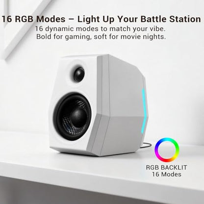 Sanyun SW209 36W 2.0 Gaming Speakers, Tactical Audio Map with 3 DSP Modes | Game/Movie/Music, 24bit DAC, USB-C/Bluetooth 5.2/AUX, 2.75" Glass Fiber Drivers & 18mm Silk Dome, RGB Lighting (Pair, White) - color: SW209 White