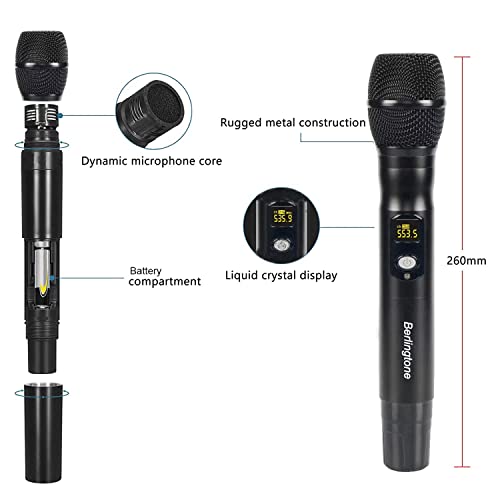 Pro Wireless Microphone System, 4-Channel UHF Wireless Mic Set with 2 Handheld Microphones, 2 Bodypack/Headset/Lapel Mics, Metal Cordless Microphone Base for Church, Singing, DJ (BR-402UM)