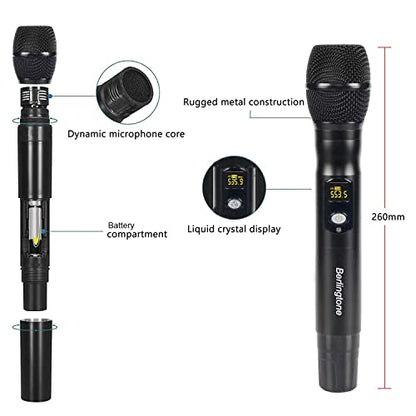Pro Wireless Microphone System, 4-Channel UHF Wireless Mic Set with 2 Handheld Microphones, 2 Bodypack/Headset/Lapel Mics, Metal Cordless Microphone Base for Church, Singing, DJ (BR-402UM)