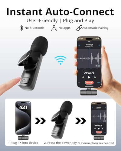 Mini Microphone for iPhone Android - Wireless Lavalier Microphone USB-C Lightning, Noise Cancelling Clip On Mic, 65ft Range, 12H Battery for Video Recording TikTok YouTube Content Creators - size: 2TX1RX without ChargingCase