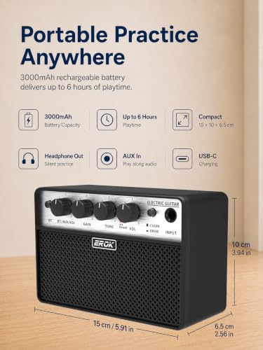 EROK BA-10E Mini Electric Guitar Amp, 10W Portable Practice Amplifier | Bluetooth 5.1, Clean/Drive modes, headphone/AUX input, 3000mAh battery for home and portable practice