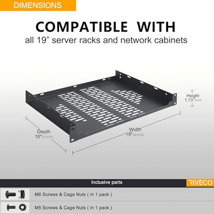 RIVECO 2-Pack 10" 1U Vented Rack Shelf for 19" Server IT Sound Cabinets - size: 10"