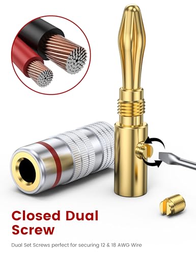 MOSWAG Banana Plugs for Speaker Wire (4 Pairs/8 pcs) Banana Plug Adapter | Brass Speaker Connectors with Dual Set Screws, Black and Red Shell Banana Plugs for Home Theater, A/V Receiver, Amplifiers - size: 4 Pairs