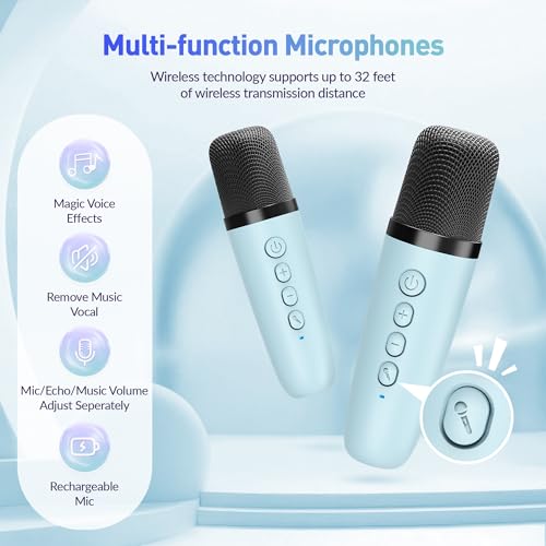 Karaoke Machine,Mini Portable Karaoke Speaker with 2 Wireless Microphones - color: Blue