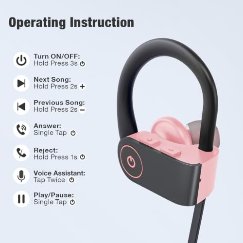 JOYWISE Bluetooth Headphones, Wireless Headphones 16H Playtime Wireless Earbuds with Mic Stereo in-Ear Earphones, IPX7 Waterproof Sports Ear Buds Sound Isolation Headsets for Running, Workout Pink - color: Pink