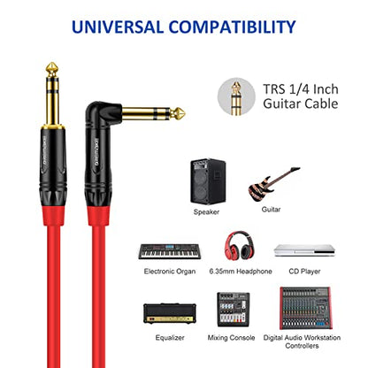 Guitar Cable Cord 10FT, 2 Pack TRS 1/4 Straight to Right Angle Professional Instrument Guitar Amp Cable, TRS 6.35mm Male to Male Balanced Audio Cable for Pro Audio Effects Pedal Quarter Inch