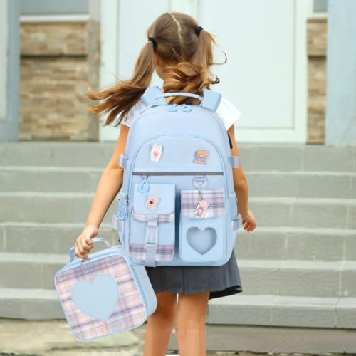 ACESAK Backpack for Girls with Headphones - Girls Backpack with Lunch Box, Pencil Case & Kids Headset - 3.5mm Wired Headphones for School Bookbag Schoolbag Set Back To School Gift (Blue) - color: Blue