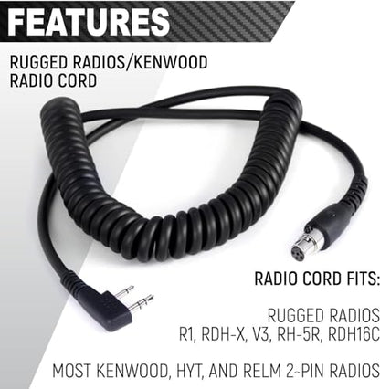 Rugged Radios H41-CF Headset & CC-Ken 2-Pin Coil Cord for Handheld Radios | 24dB NRR Headset Bundle for Baofeng, Rugged, Kenwood, HYT, Relm, SAMCOM & Wouxun Radios with PTT and 3.5mm Jack