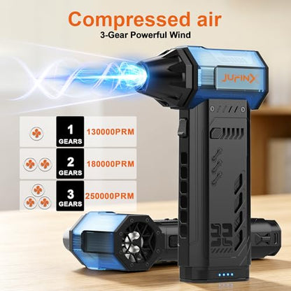 Electric air Duster，250,000RPM Super Power mini Blower,2 Swappable Battery | 3-speed adjustable rechargeable air duster with multiple nozzles，for cleaning car, keyboard, computer, leaves,home & outdoor.