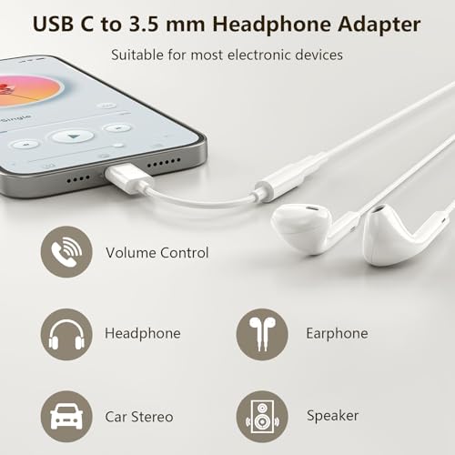 USB C to 3.5mm Headphone Jack Adapter Type C Audio Aux Cable Dongle Compatible with iPhone 16/15/15 Plus/15 Pro/15 Pro Max/iPad/Pixel, Samsung Galaxy S23 S22 S21 S20 Ultra Z Flip/Note (White, 6pcs)