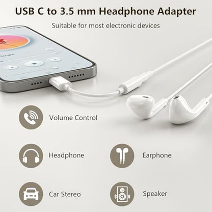 USB C to 3.5mm Headphone Jack Adapter Type C Audio Aux Cable Dongle Compatible with iPhone 16/15/15 Plus/15 Pro/15 Pro Max/iPad/Pixel, Samsung Galaxy S23 S22 S21 S20 Ultra Z Flip/Note (White, 6pcs)