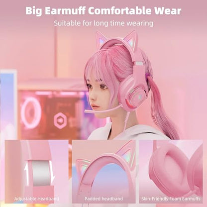 Cat Ear Gaming Headphones Wired AUX 3.5mm LED Headphones Over-Ear Headsets for Kids Girls with Microphone for PC, PS4, PS5, Switch, Xbox, Mobile, Mac, Laptop