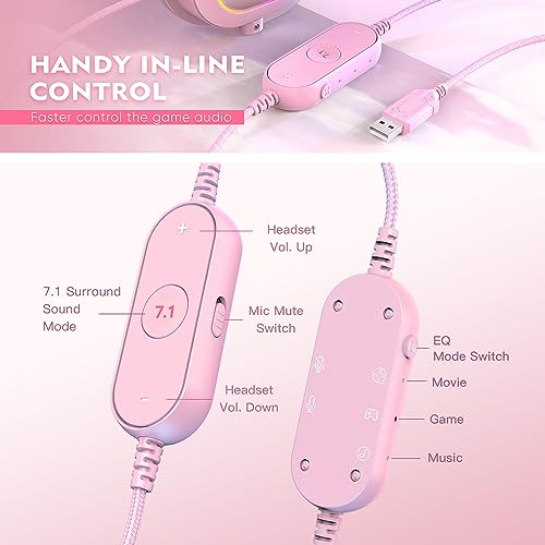 FIFINE H6P Wired Gaming Headset with Noise Canceling Mic for PC,PS4/5 | Large 50mm Drivers, 7.1 Surround Sound, Solid Metal Frame, 3 EQ Modes, Vibrant RGB, USB In-line Control, for gamer/streamers - color: Pink