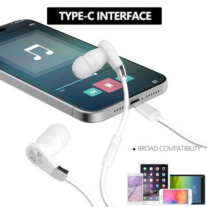 LANDIBO Type C Headphone, in-Ear Headphones with Volume Control, Built-in Microphone, Wired Earphones, Clear Sound Quality, bass Noise Cancellation, USB C Headphones Wired (White)