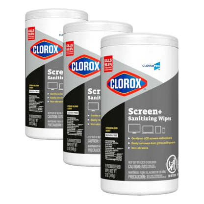 CloroxPro Clorox Screen+ Sanitizing Wipes, Disinfecting Wipes for Electronics, Gentle on Phones, Tablets, LCD Screens, Laptops and Sensitive Surfaces, Citrus Blend Scent, 1 Canister, 75 Wipes - size: 75 Count (Pack of 3)