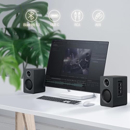 Computer Speakers, Bluetooth 5.3, USB-C, AUX/RCA, 3-Inch Woofer, Black | A 3-inch carbon fiber woofer and 1-inch silk dome tweeter in wood cabinets. For PCs, turntables, TVs, gaming and music. - color: Black