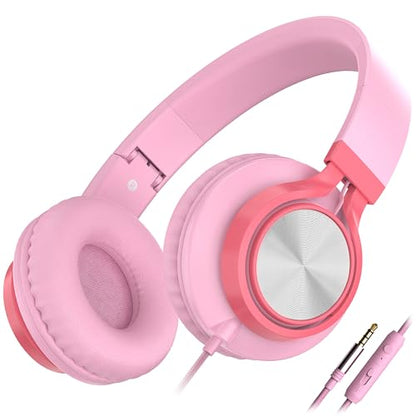 아동용 유선 헤드폰, 마이크 포함, 여학생, 3.5mm 잭, 핑크 | 온 이어 헤드셋 및 볼륨 컨트롤 접이식 유선 컴퓨터 크롬북 어린이 청소년 교실 온라인 학습 여행용 - color: 핑크, size: 미디엄