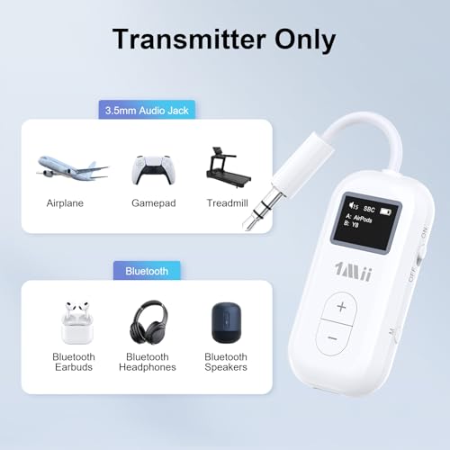 1Mii SafeFly Dual | Airplane Bluetooth Adapter for AirPods or Headphones, Bluetooth Transmitter with Screen, Volume Control, aptX Adaptive & HD, 3.5mm Aux Audio Jack for Airplane, Travel Flight