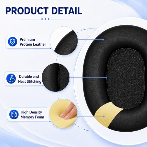 Replacement Ear Pads for Sony MDR-7506 MDR-V6 MDR-V7 MDR-CD900ST Headphones, Protein Leather Earpads Cushions with Memory Foam, Extra Thick Ear Cups for Studio Monitor Headset, 1 Pair-Black