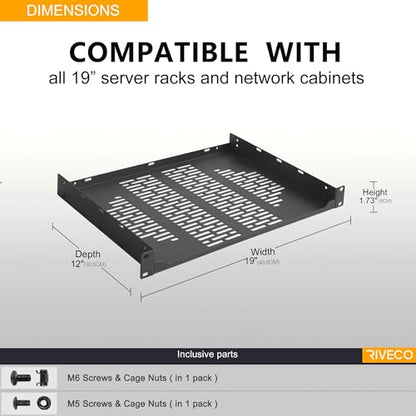 RIVECO 2 PCS 12” Rack Shelves for 19 inches Network Rack & Cabinets, 1U Rack Mount Shelf Vented Cantilever Tray, for Server, IT & Sound Equipment - size: 12"