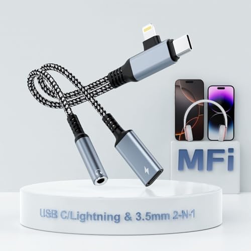 2 in-2 Lightning USBC to 3.5mm Headphone and Charger Adapter, [MFi Certified] USB C to Aux Audio Jack with PD 60W Fast Charging Dongle, Headphone Adapter for iPhone 16/15 14/13, Galaxy, Pixel (Blue)