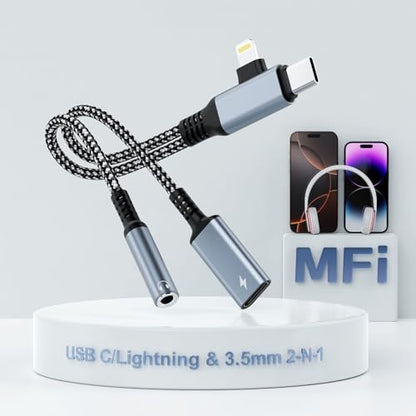 2 in-2 Lightning USBC to 3.5mm Headphone and Charger Adapter, [MFi Certified] USB C to Aux Audio Jack with PD 60W Fast Charging Dongle, Headphone Adapter for iPhone 16/15 14/13, Galaxy, Pixel (Blue)