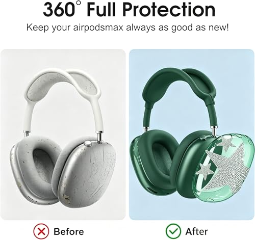 [4 in 1] Case Cover for AirPods Max 2/1 (2026/2024/2020) Ear Pad Case Cover/Headband Cover/Ear Cups Cover with Bling Star for Apple AirPods Max Headphones (Dark Green Star) - color: Dark Green Star