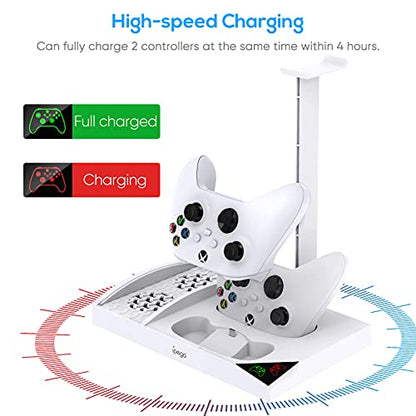 FYOUNG Upgraded Vertical Cooling Fan Stand for Xbox Series S | Cooler Fan System Dual Controller Charging Dock Station with 2 x 1400mAh Rechargeable Battery Pack, Headphone Bracket