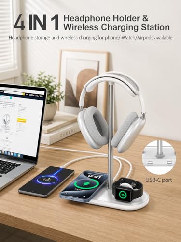 4 in 1 Headphone Stand, Airpod Max Charger Stand with 15W Wireless Charger | Headset Holder for AirPods Max 2/Pro/iWatch/Vision Pro, Charging for iPhone 17/16/15/14/13/12/11/X, Aluminum Alloy Rod, White - color: Cream White