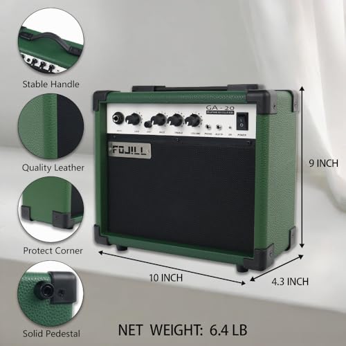 Fojill 20W Watt Electric Guitar Amplifier Amp Practice Small Portable Travel Mini Amp with 3.5 Headphone Jack Aux Distortion Gain Treble Bass Volume (Geen, 20W) - color: Green