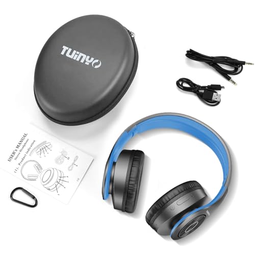 TUINYO Bluetooth Headphones Wireless, Over Ear Stereo Wireless Headset 40H Playtime with deep bass, Soft Memory-Protein Earmuffs, Built-in Mic Wired Mode PC/Cell Phones/TV-Black/Blue … - color: Black/Blue