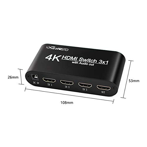 3x1 HDMI Audio Switch,3 in 1 Out Matrix HDMI Video Switcher Splitter +Optical & 3.5mm Audio Output,Support Ultra HD 4K x 2K,3D 1080P,Audio Extractor with Power Adapter