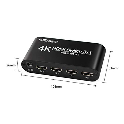 3x1 HDMI Audio Switch,3 in 1 Out Matrix HDMI Video Switcher Splitter +Optical & 3.5mm Audio Output,Support Ultra HD 4K x 2K,3D 1080P,Audio Extractor with Power Adapter