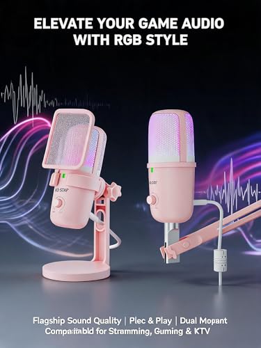 Pink USB Condenser Microphone for Gaming, PC Mic with 2 Pickup Patterns, RGB Light, Tap-to-Mute, 96KHz/24Bit for Streaming Podcast YouTube Recording, Plug & Play for PS4 PS5 Computer Accessories