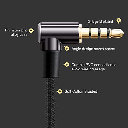 CableCreation 3.5mm TRRS Aux Cable 10FT/3m, 3.5mm Stereo HiFi Audio Cable | Right Angle with Silver-Plating Copper Core for Car Stereos, iPhones, PS4 Headset, Xbox one, 24K Gold Plated, Black - size: 10 Feet