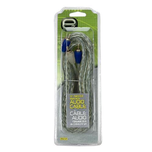 Scosche e2 ERCA12 2-Channel Twisted Pair RCA Interconnect Audio Cables - 2CH OFC Car Stereo Connector Cable - 24 Karat Plated Gold Connectors - 12 Foot Male to Male