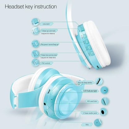 RAT TAIL V5.3 Bluetooth Headphones Over-Ear, Foldable Wireless and Wired Stereo Headset Micro SD/TF, FM for Cell Phone,PC,Soft Earmuffs &Light Weight for Prolonged Wearing (Blue) - color: Blue